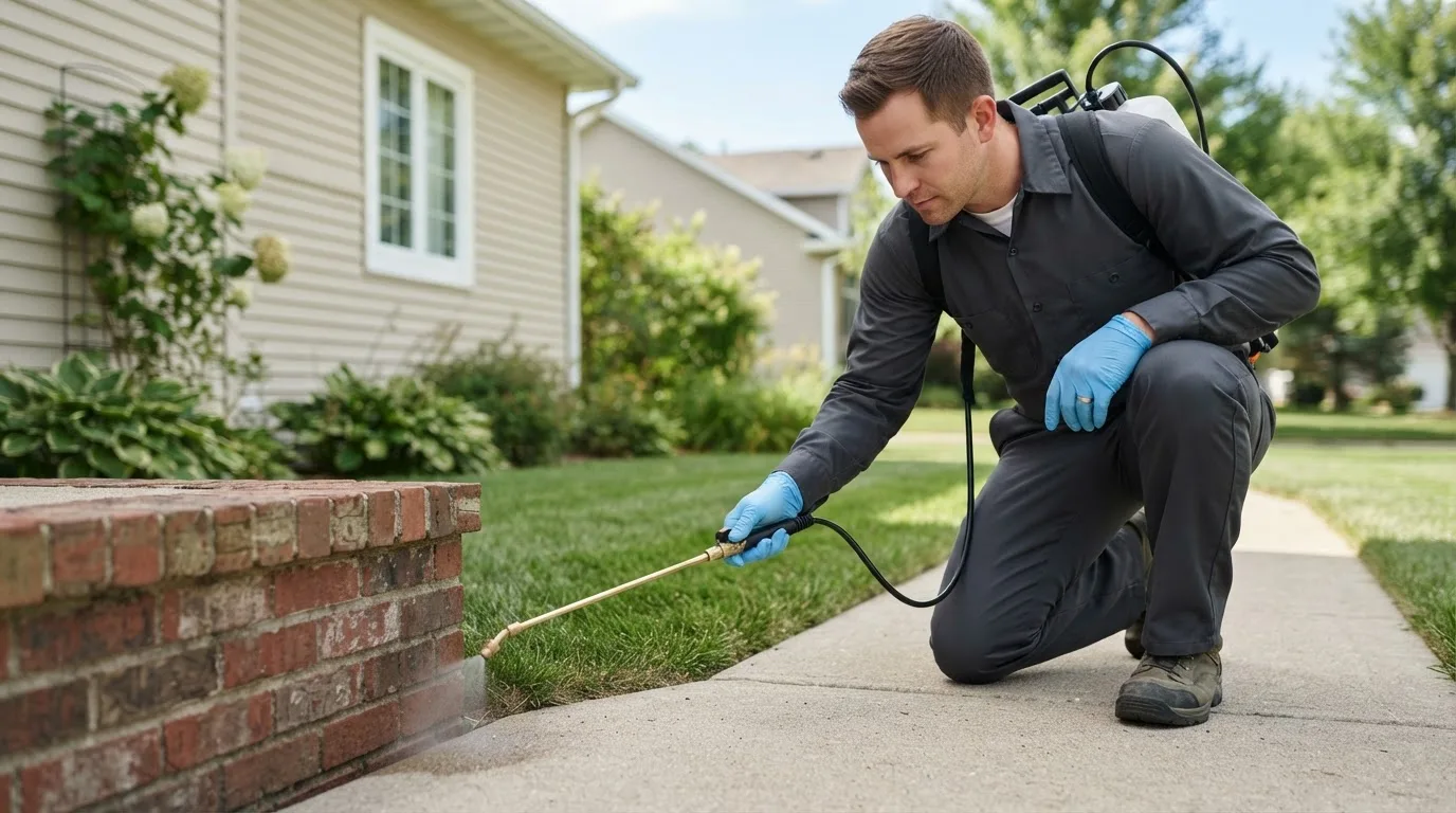 Pest control technician treating a home near Reads Landing, MN